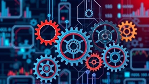 An abstract digital artwork showing interconnected gears and algorithms constructing a diverse investment portfolio, symbolizing precision and automation in wealth-building, conveying the idea of smart and efficient investment strategies.