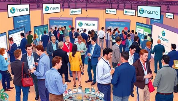 An engaging digital illustration depicting a vibrant insurance networking event with professionals mingling, exchanging business cards, and engaging in discussions, surrounded by insurance-themed decorations and branding, symbolizing the dynamic and collaborative atmosphere of InsureConnect Events.
