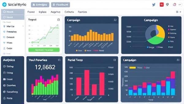 A user-friendly dashboard displaying social media scheduling, analytics tracking, and engagement tools, with colorful graphs and charts illustrating performance metrics and campaign results, highlighting the convenience and effectiveness of SocialSync Pro for social media management.
