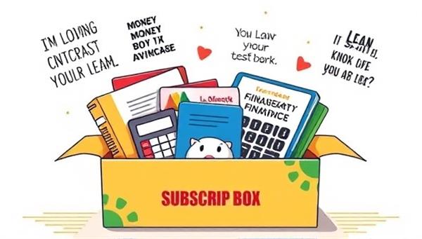 An illustrative image of a colorful subscription box filled with financial books, calculators, piggy banks, and motivational quotes related to money management, conveying a sense of empowerment and learning.