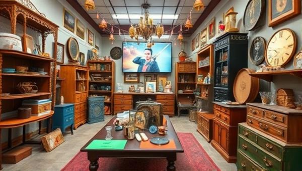 A dynamic virtual thrift store environment with a live streaming setup, showcasing a variety of vintage items, interactive bidding options, and real-time customer engagement, creating a vibrant and engaging shopping atmosphere.