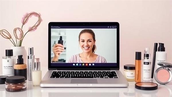 A sleek and modern virtual beauty consultation setup featuring a laptop with a beauty expert on a video call, surrounded by various skincare and makeup products, creating a vibrant and engaging atmosphere.