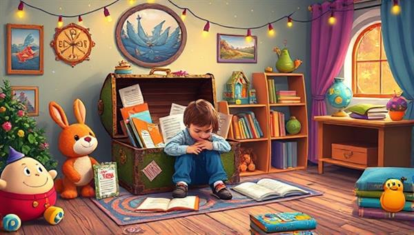 A whimsical and colorful playroom setting with a child exploring a treasure chest filled with books, writing supplies, and magical story artifacts, surrounded by plush toys, fairy lights, and a cozy reading corner, inviting children to embark on an imaginative literary adventure with Imaginarium Tales.