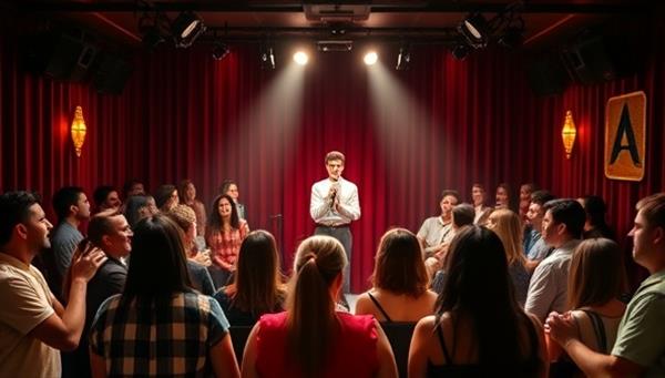 A virtual comedy club setting with a stage, spotlight, and diverse audience avatars laughing and enjoying a stand-up comedy performance, capturing the lively and interactive atmosphere of a real comedy club experience in a digital format.