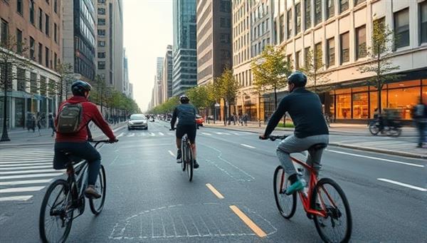 An urban landscape with a group of cyclists navigating through city streets on AI-powered bikes, with digital route displays projected in front of them, illustrating the seamless integration of technology into cycling experiences.