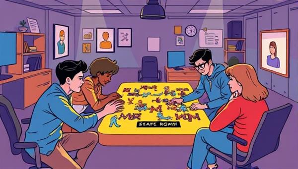 A digital illustration of a group of diverse individuals collaborating virtually to solve a complex puzzle in a virtual escape room setting, showcasing teamwork, excitement, and problem-solving skills.