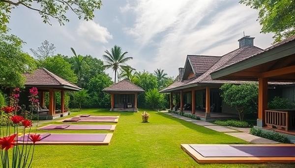 A tranquil retreat setting featuring outdoor yoga platforms, meditation gardens, and wellness pavilions nestled amidst lush greenery and natural elements, inviting guests to embark on a transformative journey of self-discovery and relaxation.