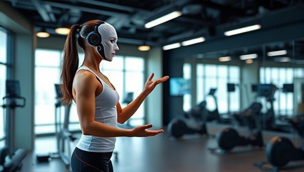 An AI fitness trainer avatar guiding a user through a dynamic workout routine in a virtual gym environment, showcasing the futuristic blend of technology and fitness for a personalized fitness experience.