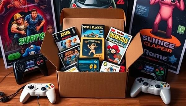An aesthetically designed subscription box overflowing with retro gaming treasures, surrounded by classic game posters and controllers, evoking a sense of nostalgia and excitement for the contents inside.