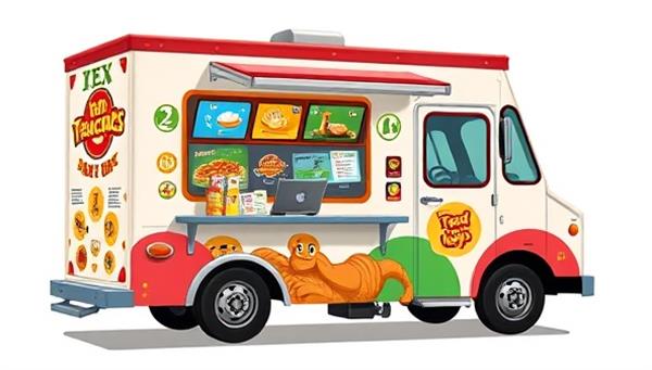 An animated food truck design with colorful graphics, interactive touch screens, and a small seating area, illustrating a dynamic and engaging dining experience on the go.