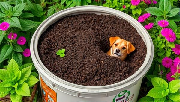 A visually appealing composting bin filled with rich, dark compost soil surrounded by lush green plants and vibrant flowers, with a friendly pet owner happily using the compost to nourish their garden, symbolizing the eco-friendly and sustainable essence of EcoPaws Recycling.