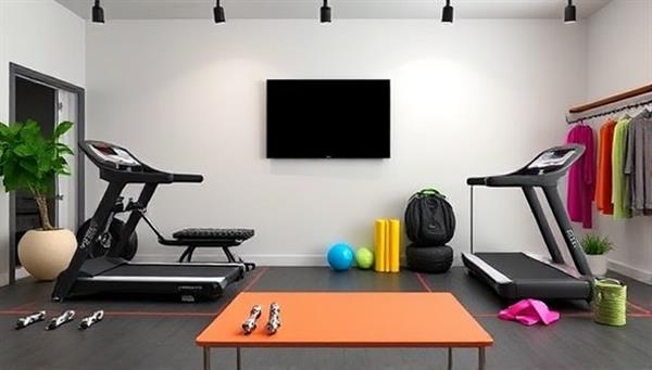 An inviting virtual home gym setup featuring a range of fitness equipment available for rental, including treadmills, dumbbells, yoga mats, and resistance bands, showcasing a convenient and flexible home workout solution for fitness enthusiasts.