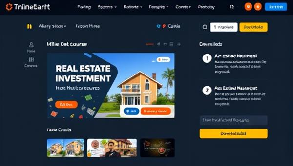 An online learning platform interface displaying a real estate investment course module with engaging visuals, interactive quizzes, and downloadable resources, highlighting the educational and user-friendly nature of the platform.