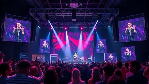 An immersive VR concert setting featuring a virtual stage with dynamic lighting effects, a crowd of avatar attendees enjoying the music, and interactive elements like chat bubbles and virtual merchandise booths, highlighting the social and interactive aspects of the VR concert experience.