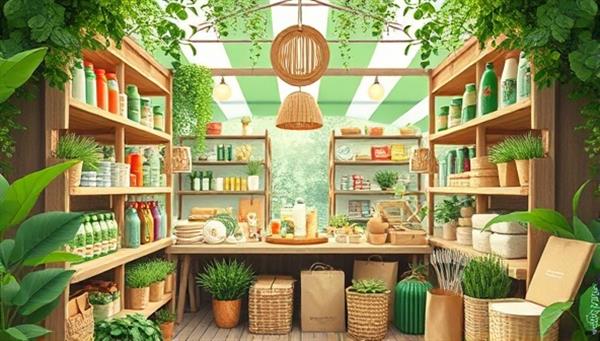 An artistic representation of a virtual marketplace showcasing a variety of eco-friendly products, from reusable water bottles and bamboo utensils to organic cotton clothing and recycled paper goods, surrounded by lush greenery and sustainable packaging, promoting a greener and more ethical shopping experience through GreenGoods.