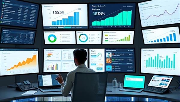A digital finance hub with screens displaying financial charts, budgeting tools, and investment portfolios, featuring a financial coach assisting a client virtually, surrounded by money-saving tips, calculators, and financial guides, illustrating financial empowerment and guidance.