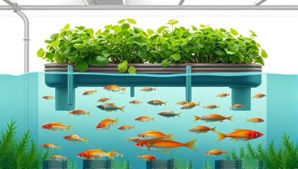 An artistic rendering of an integrated aquaponics system with fish swimming in tanks below and lush green vegetables growing above, illustrating the harmony between aquaculture and hydroponics in a sustainable farming model.
