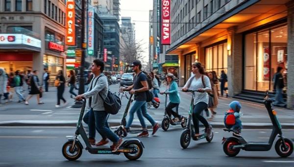 An urban street scene showcasing a diverse group of riders zooming past on electric scooters, with vibrant city lights and bustling sidewalks in the background, capturing the energy and convenience of using ZapScoot Express for urban mobility.