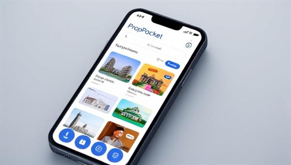 A smartphone screen displaying the PropPocket app interface with colorful property listings, investment opportunities, and user-friendly features, illustrating the convenience and accessibility of fractional real estate investments offered by PropPocket in a modern and engaging visual representation.