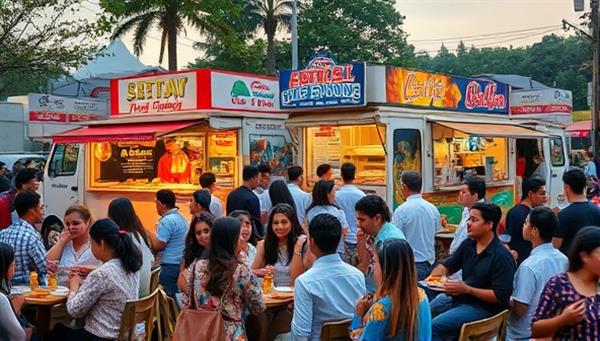 A vibrant food truck setup with multiple trucks offering different cuisines, surrounded by a diverse group of customers enjoying their meals outdoors, creating a festive and dynamic dining experience on wheels.