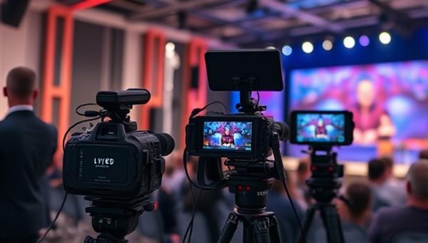 An event setup with professional cameras, lighting equipment, and streaming devices capturing a live performance or presentation, showcasing the high-quality production and interactive features of the streaming service.
