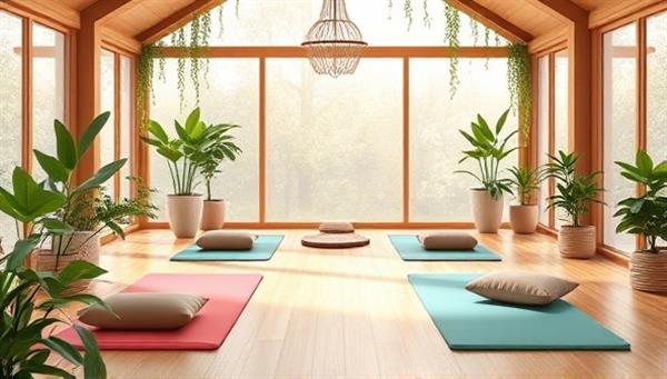 A serene digital illustration of a virtual wellness retreat setting, with yoga mats, meditation cushions, and plant-filled spaces, creating a calming and rejuvenating ambiance for participants on a wellness journey with WellnessWander.