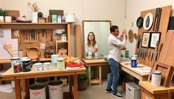 A cozy home workshop setup with a variety of DIY tools, paint cans, brushes, and wood planks, showcasing a work-in-progress home improvement project with the host demonstrating a creative technique, inspiring viewers to embark on their DIY journey.
