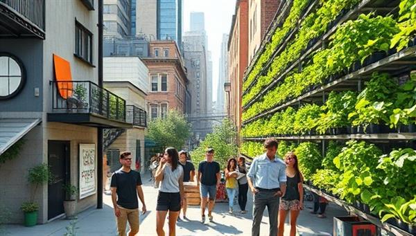 An artistic representation of a bustling urban space transformed into a lush vertical farming community, with diverse individuals tending to plants in vertical towers, exchanging produce, and engaging in communal activities, capturing the essence of the SkyFarm Collective