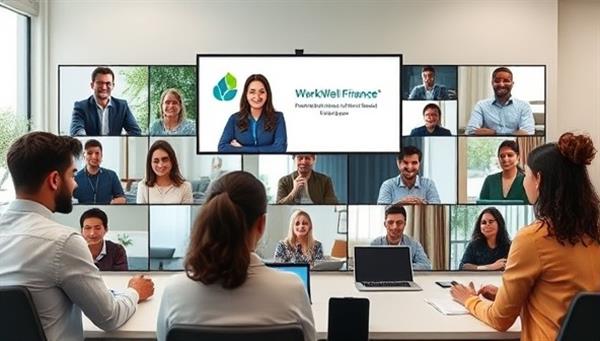 A professional webinar setting with a diverse group of corporate employees participating in a virtual financial wellness workshop led by experts from WorkWell Finance, engaging in discussions, interactive activities, and learning about personal finance strategies, symbolizing growth and empowerment in financial well-being.