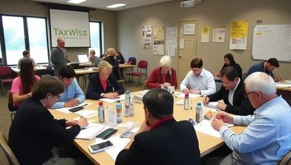 An engaging workshop setting with participants actively participating in tax preparation exercises, surrounded by tax guides, calculators, and educational materials, creating a collaborative and informative atmosphere within the TaxWise Community workshops.