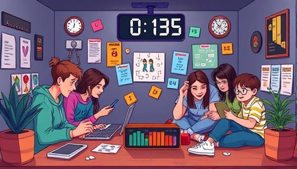 An engaging digital illustration showing a group of friends solving puzzles together in a virtual escape room, with animated clues and a countdown timer adding suspense and excitement to the scene.
