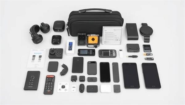 A sleek and modern tech gadget display, showcasing the contents of a Tech Trekker Box with cutting-edge travel accessories, compact smart devices, and digital essentials neatly arranged in a travel-friendly case, embodying innovation and convenience for the modern traveler.