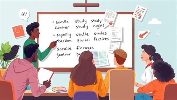 A dynamic digital illustration of diverse students engaging in a virtual study group session, sharing notes and ideas on a virtual whiteboard, with chat bubbles and study materials floating around them, illustrating the collaborative and interactive nature of the platform.