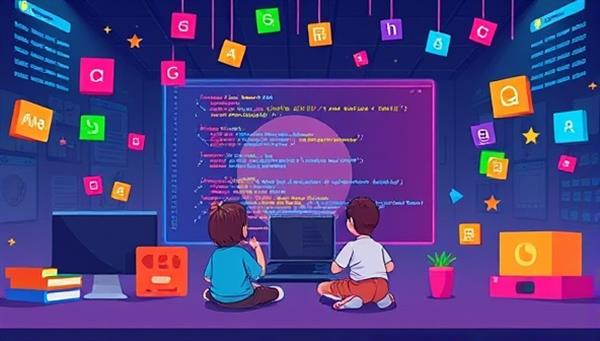 An imaginative illustration of a virtual coding class for kids, with colorful code blocks floating around a digital screen where children are building and programming interactive games, fostering a sense of learning and creativity in coding.