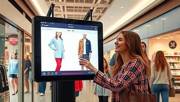 An AR-powered display in a busy shopping mall, showing a virtual try-on experience for clothing, with shoppers interacting with the AR interface and smiling, conveying the excitement and engagement of the technology.