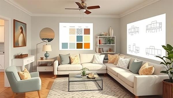 A cozy living room transformed by virtual design consultations, featuring a mood board with fabric swatches, paint samples, and furniture layout plans projected on the wall, showcasing the potential of virtual home decor services.