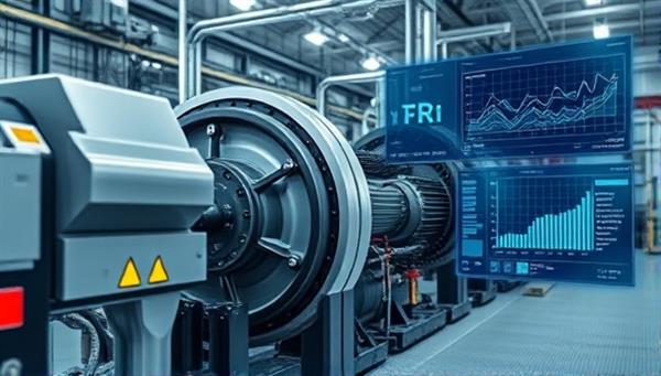 An industrial setting featuring advanced machinery being monitored by AI-driven predictive maintenance software, displaying real-time equipment performance data, maintenance alerts, and predictive analytics insights, highlighting the efficiency and reliability of PredictPro Technologies solutions.