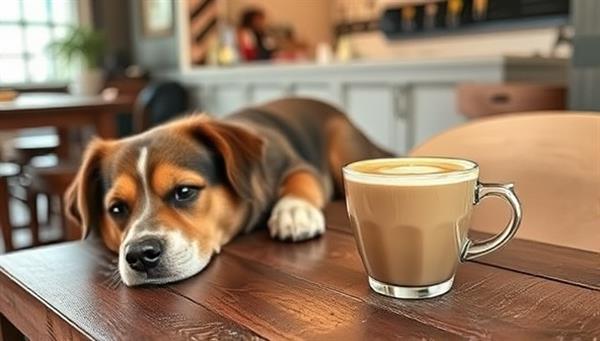A charming cafe setting with a dog resting beside a latte cup on a rustic wooden table, capturing the essence of a cozy and pet-friendly environment that appeals to pet owners and coffee enthusiasts alike.