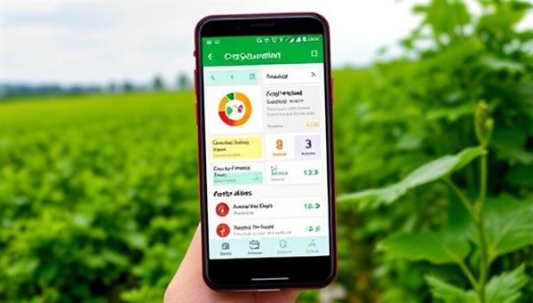 An interactive mobile phone screen displaying the CropGuardian app interface with colorful crop health indicators, pest alerts, and actionable recommendations, surrounded by lush farmland in the background.