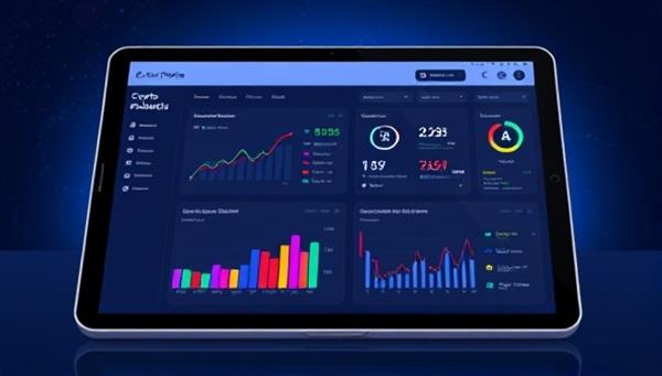 An illustration of a digital tablet displaying a dynamic crypto portfolio dashboard with interactive charts, performance metrics, and investment recommendations, portraying sophistication and digital innovation in crypto management.