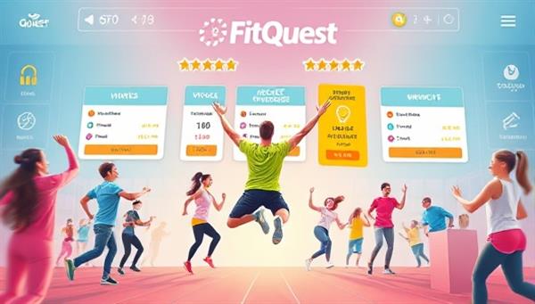 An energetic visual of users participating in virtual fitness challenges, completing workouts, earning rewards, and interacting with a virtual fitness community, showcasing the engaging and motivating aspects of FitQuest Challenges for users seeking a fun and interactive fitness experience.