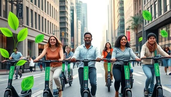 An urban scene showcasing a group of diverse individuals happily riding electric scooters through a bustling city street, with green energy symbols and clean air visuals in the background, promoting sustainability and urban mobility.