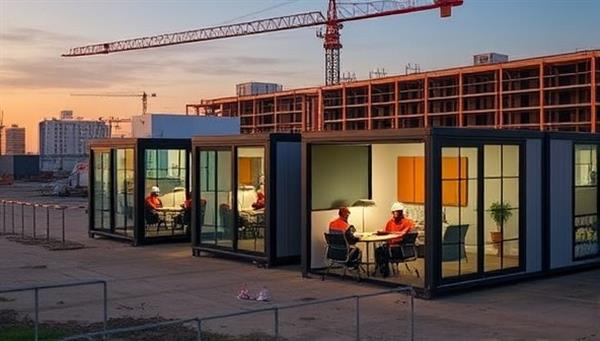 A construction site featuring modular pods arranged as temporary office spaces, with workers utilizing the pods for meetings and project planning, highlighting the versatility and convenience of these on-site solutions.