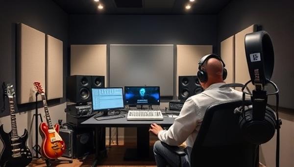 A sleek and modern audio studio setup with a composer working on a digital audio workstation, surrounded by musical instruments, soundproofing panels, and branded headphones, illustrating the creative and professional environment of SonicAura Solutions in crafting bespoke audio branding solutions.