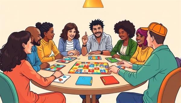 A cheerful and inviting digital illustration featuring a group of diverse individuals gathered around a table, enjoying a selection of colorful board games, exchanging laughs and engaging in friendly competition, capturing the essence of social interaction and fun board game nights.