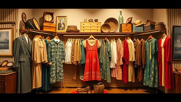 An artistic and nostalgic vintage clothing marketplace display featuring retro garments, classic accessories, and timeless fashion pieces arranged in a vintage-inspired setting, evoking a sense of style, history, and individuality in fashion choices.