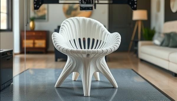 An artistically designed chair being 3D printed layer by layer, showcasing the precision and customization potential of 3D-printed furniture, set against a modern, stylish interior backdrop.