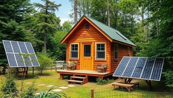 A picturesque tiny house nestled in a serene natural setting, surrounded by lush greenery and solar panels, epitomizing sustainable travel and eco-friendly accommodations in a tranquil environment.