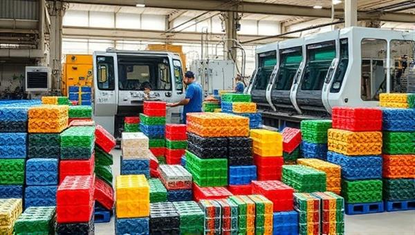 A modern factory setup with workers producing eco-bricks using advanced machinery, surrounded by stacks of colorful recycled plastics and showcasing a sustainable production process in action.