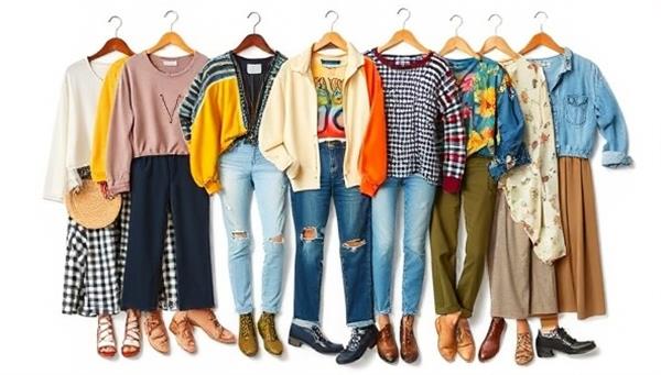 A collage of unique thrifted fashion pieces arranged artistically, showcasing the diversity and creativity of thrifted clothing options.